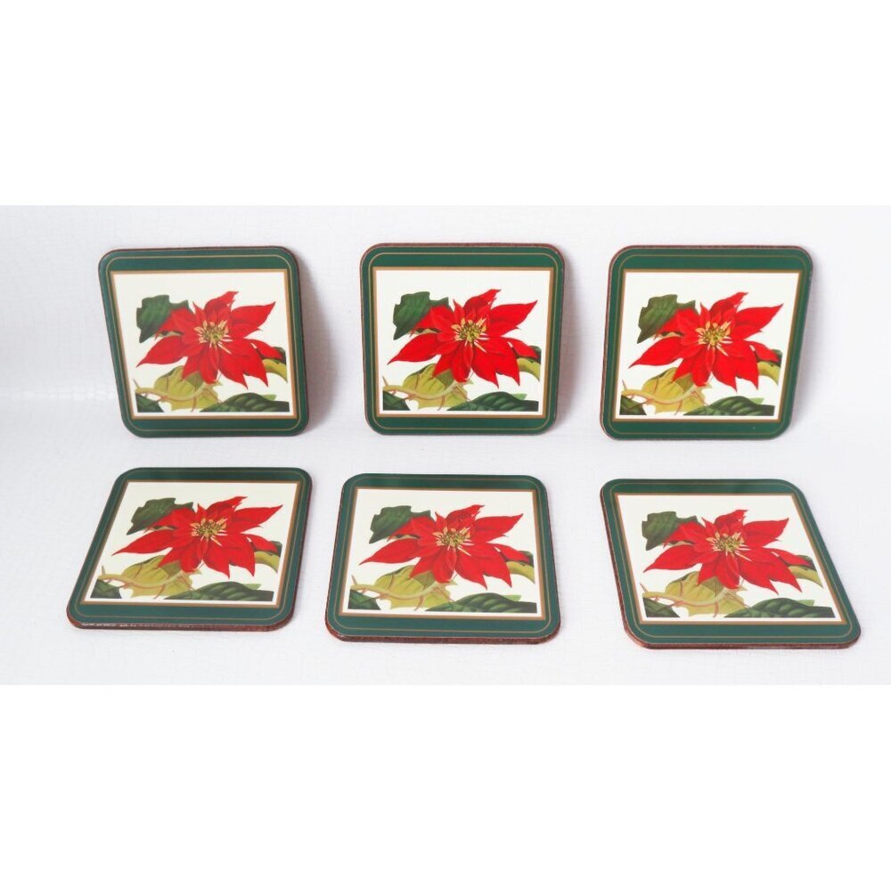 6 Vintage Pimpernel Poinsettia Christmas Coasters w/ box Barware Cork Backing